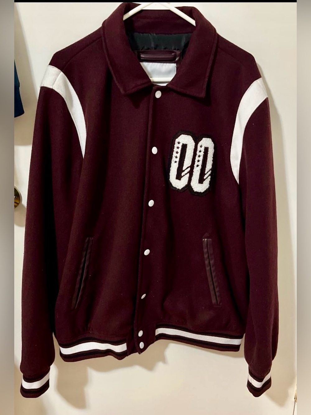 Bershka Wool Burgundy Bomber-Style Varsity Jacket with White Trim